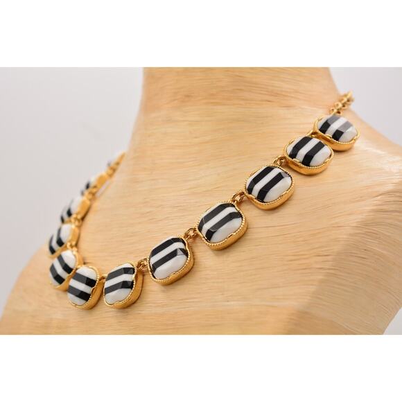 Talbots Statement Necklace Collar Black White Striped Gold Chunky Heavy 90s BinA - Picture 10 of 12